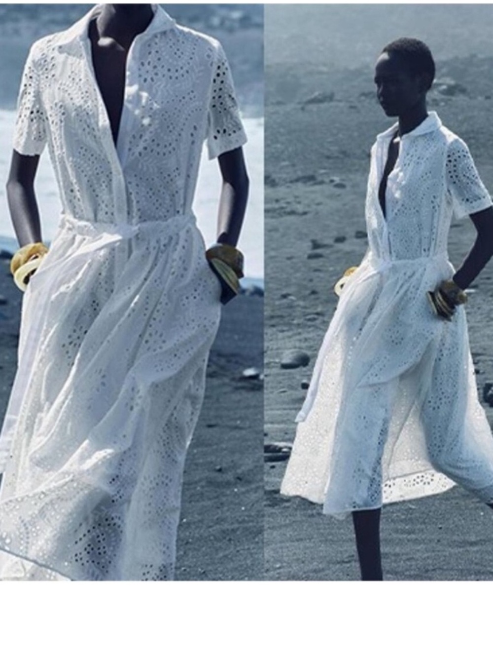 Zara White Eyelet Midi Shirt Dress with Tie Waist